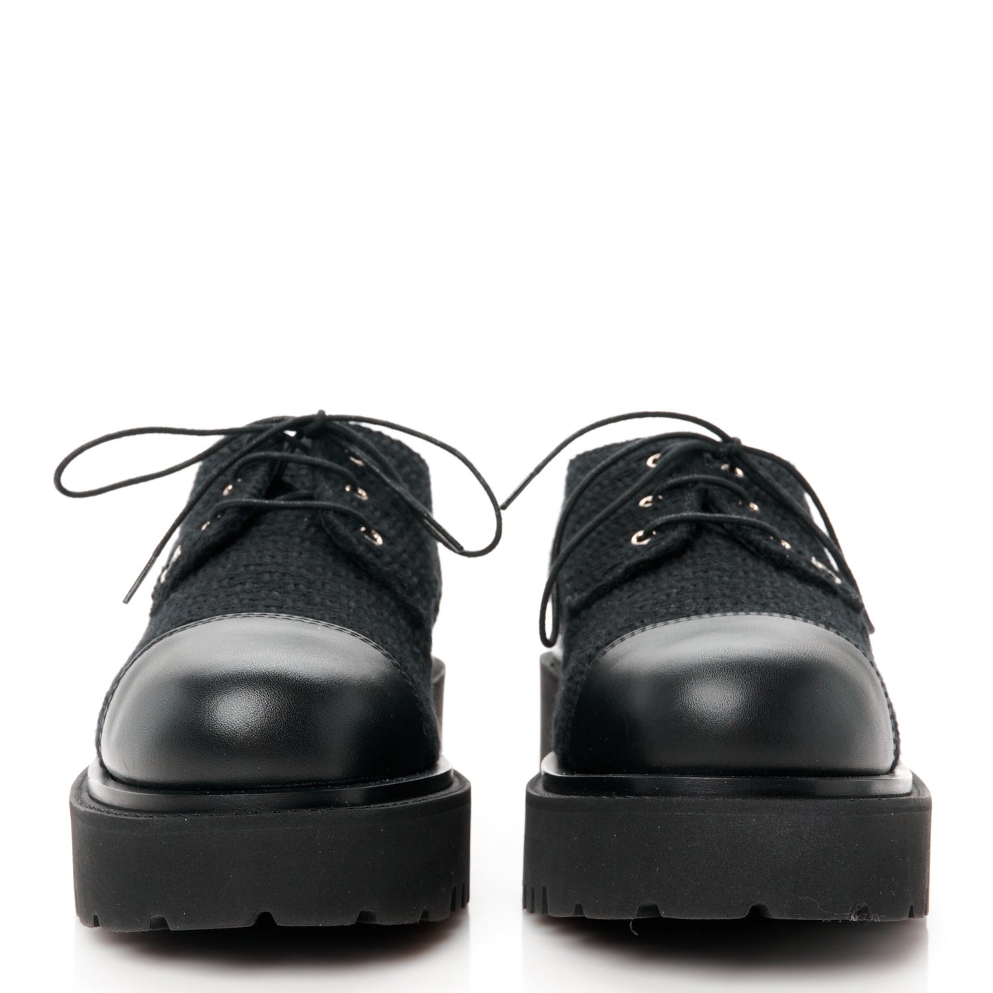 Wool Tweed Calfskin Lace-Up Loafers 38.5 Black