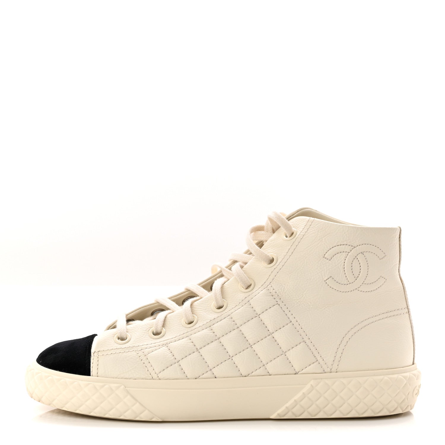 Chanel Calfskin High Top CC Sneakers 38.5 Ivory Black 1 of 9