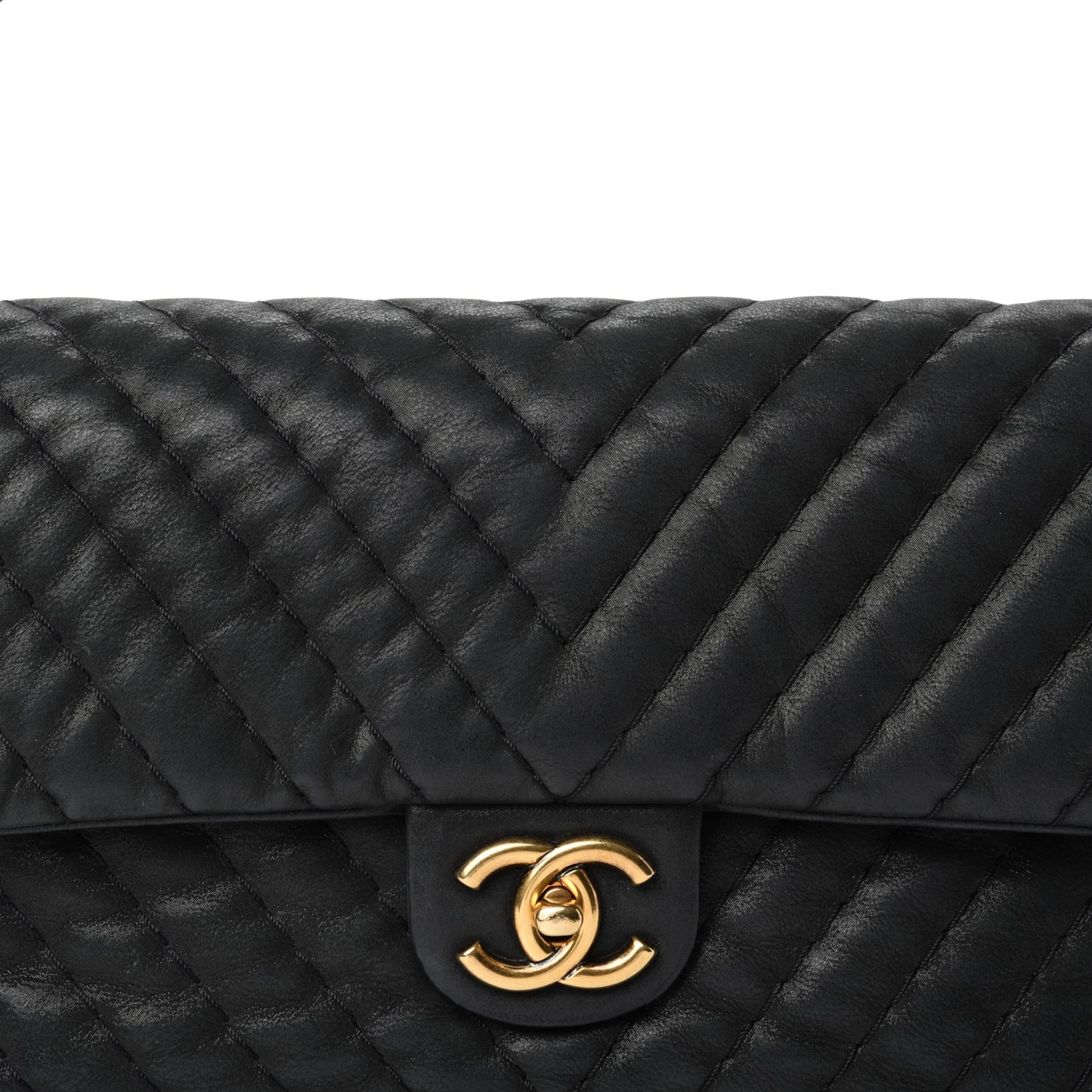 Iridescent Calfskin Surpique Chevron Large Flap Black