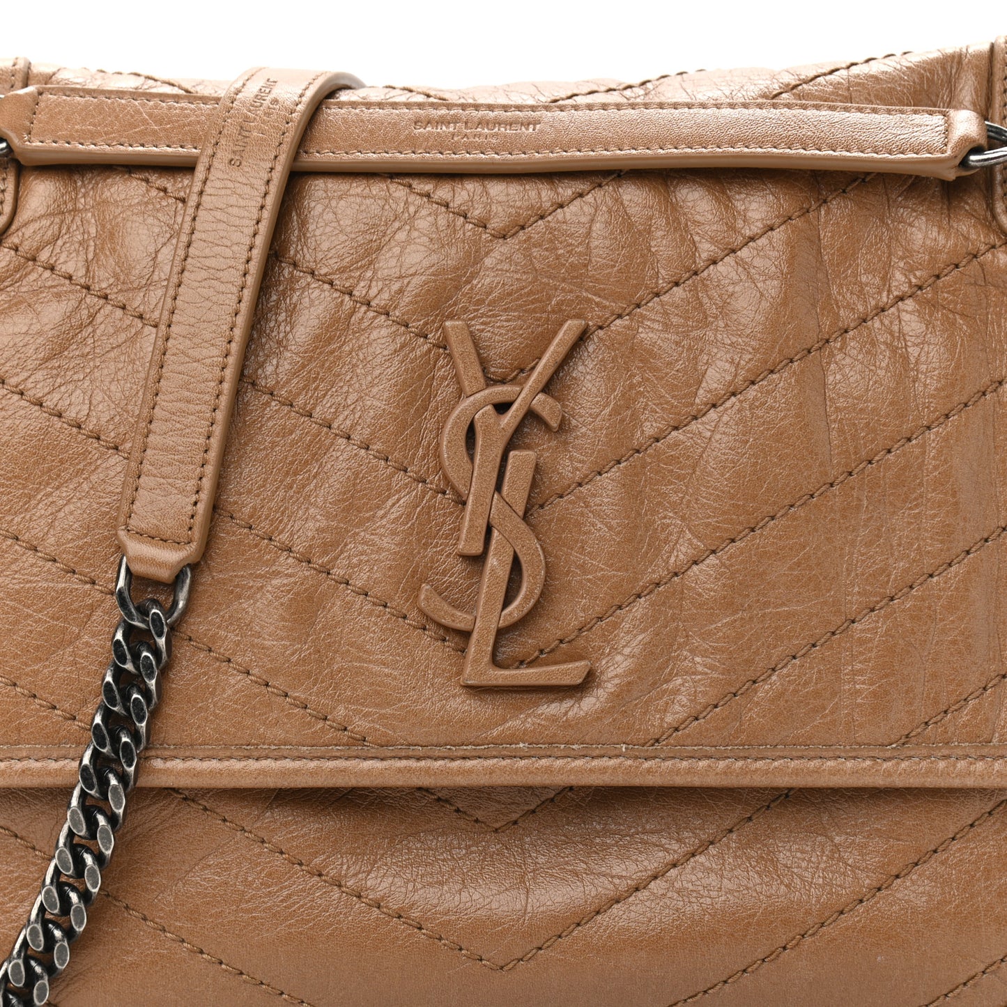 Crinkled Calfskin Matelasse Monogram Medium Niki Chain Satchel Caramel