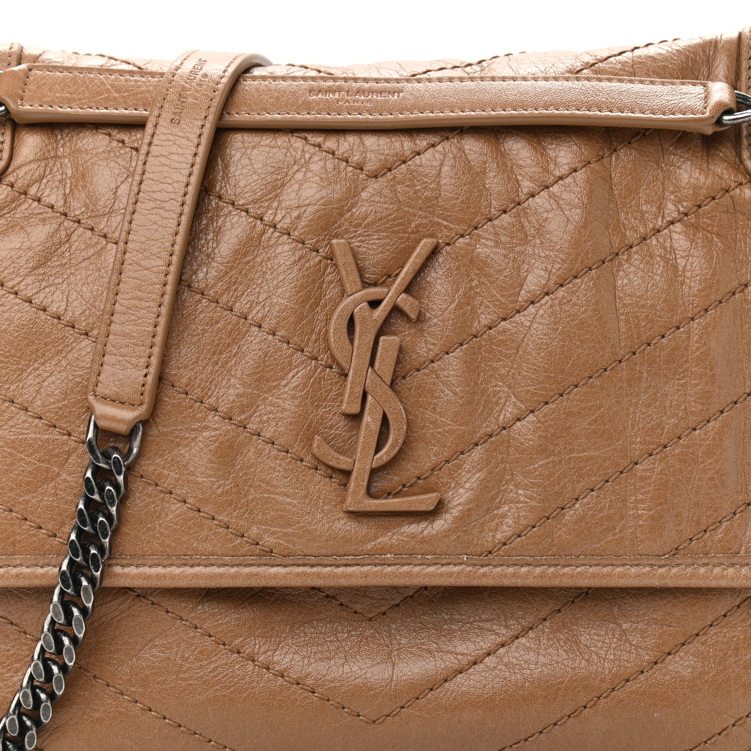 Saint Laurent Crinkled Calfskin Matelasse Monogram Medium Niki Chain Satchel Caramel 7 of 9