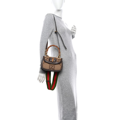 Gucci Monogram Jumbo GG Textured Dollar Calfskin Web Small Bamboo 1947 Top Handle Bag Camel Ebony New Acero 2 of 12