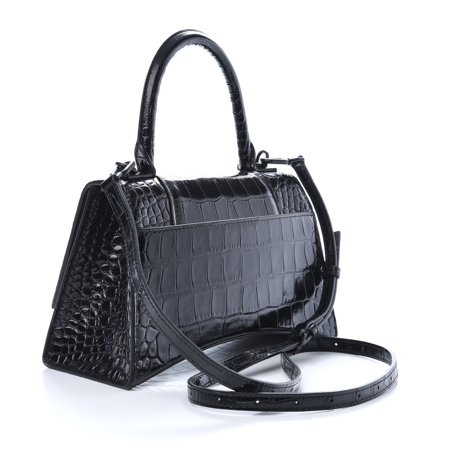 Shiny Calfskin Monochrome Crocodile Embossed Small Hourglass Top Handle Bag Black