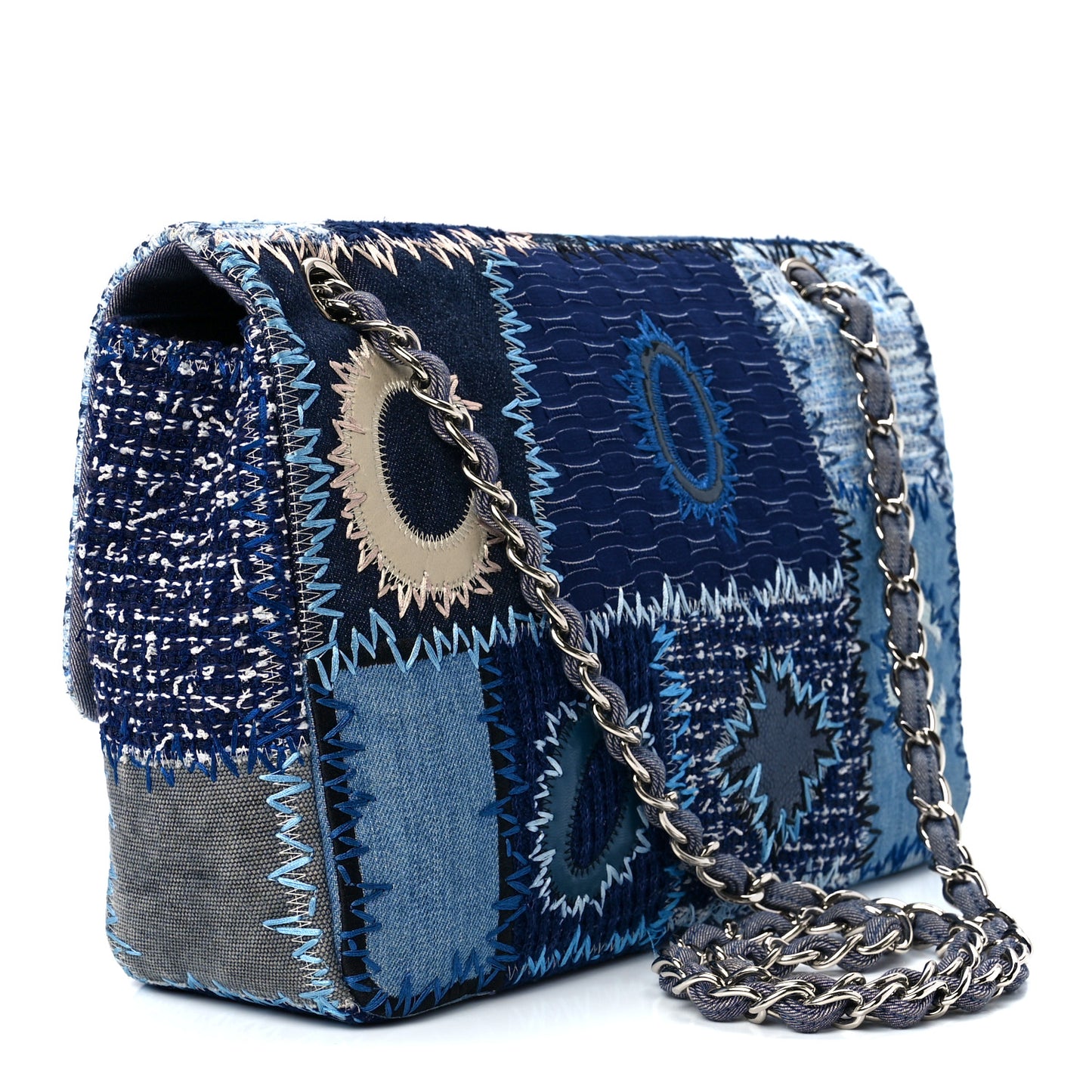 Denim Tweed Patchwork Jumbo Single Flap Blue