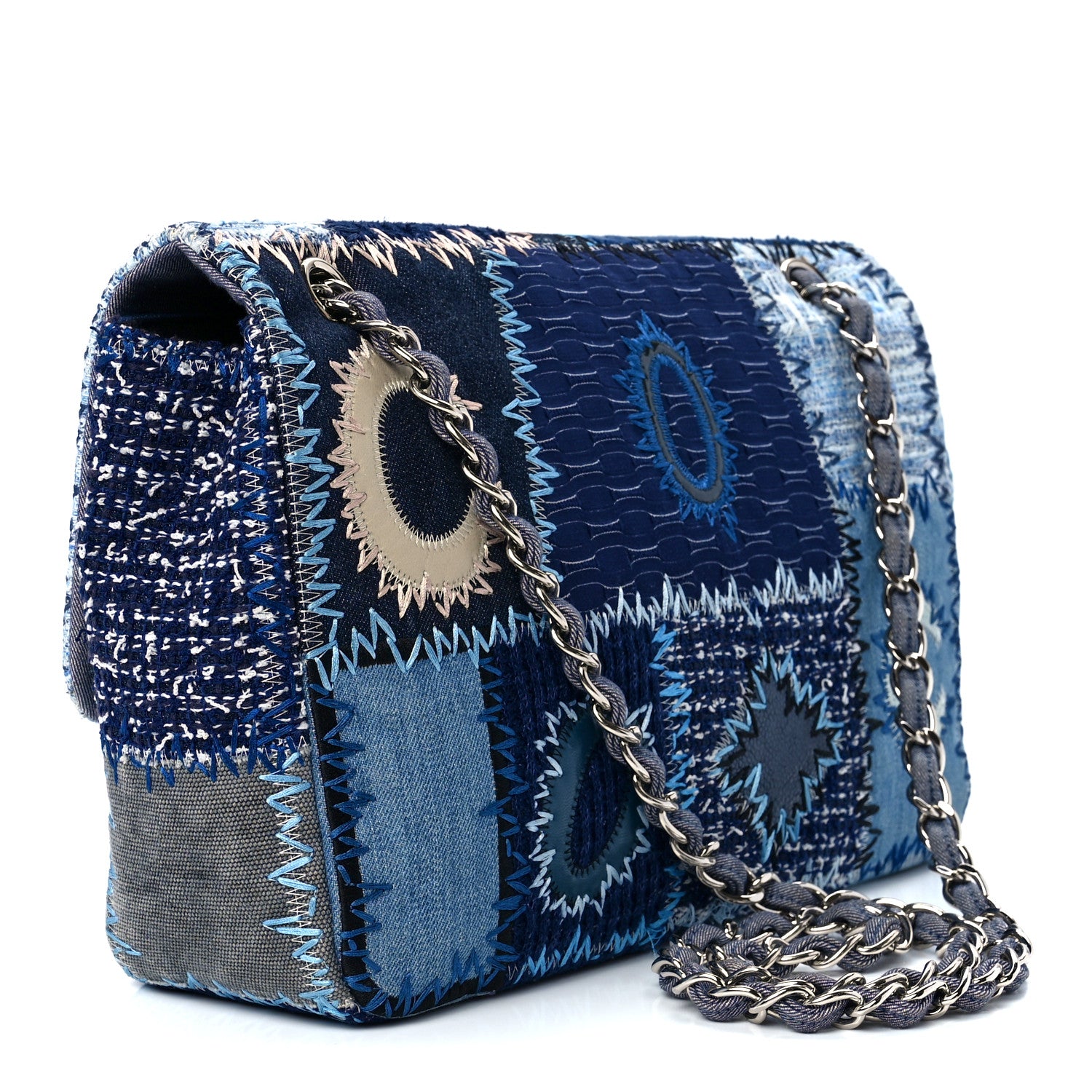 Chanel Denim Tweed Patchwork Jumbo Single Flap Blue 3 of 12