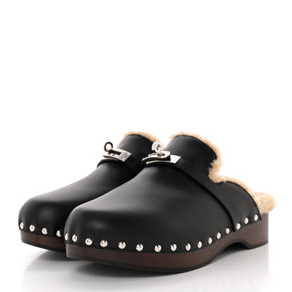 Hermes Calfskin Woolskin Carlotta Mules 38 Black 3 of 10