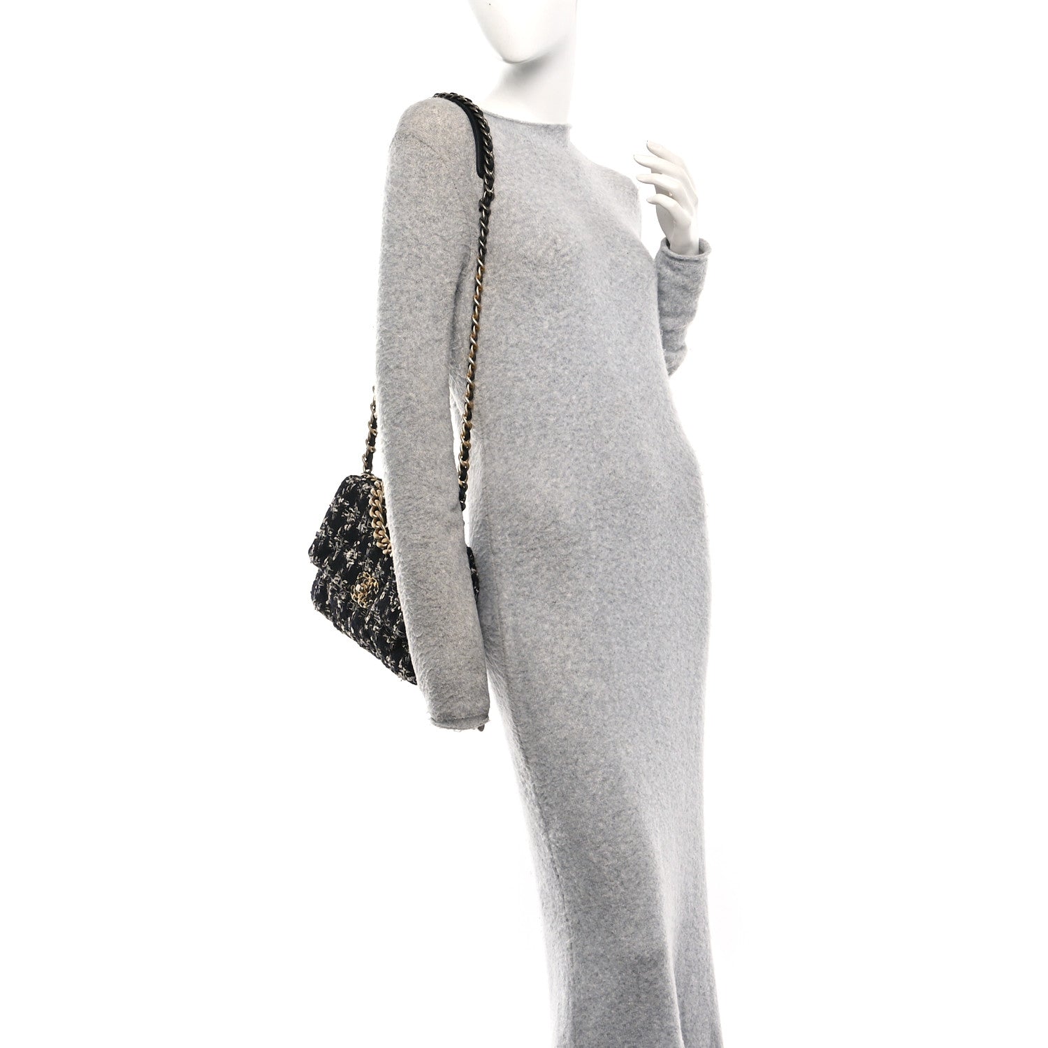 Chanel Tweed Quilted Medium Chanel 19 Flap Black Silver Ecru 2 of 10