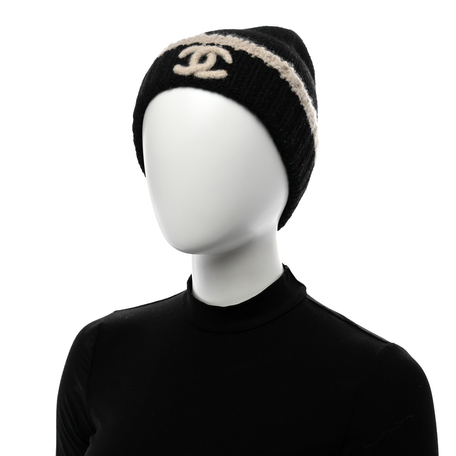 Chanel Cashmere Silk CC Beanie Hat Black Ecru 2 of 6