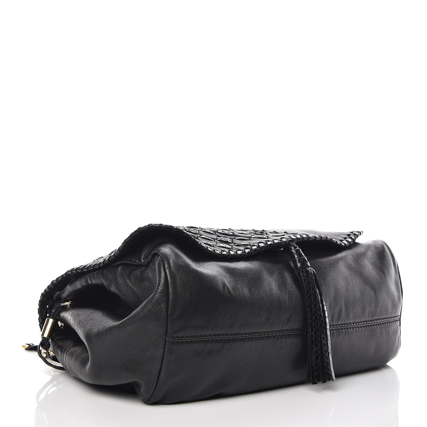 Lambskin Snakeskin Woven Flap Hobo Black