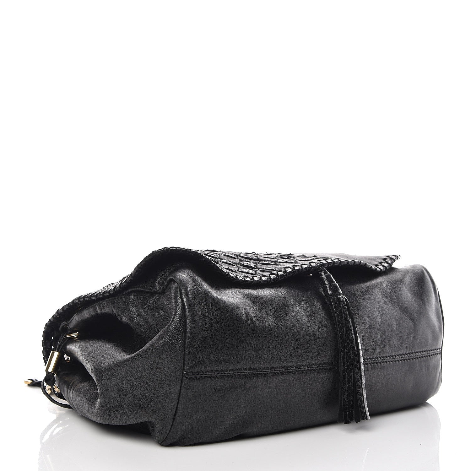 Jimmy Choo Lambskin Snakeskin Woven Flap Hobo Black 4 of 12