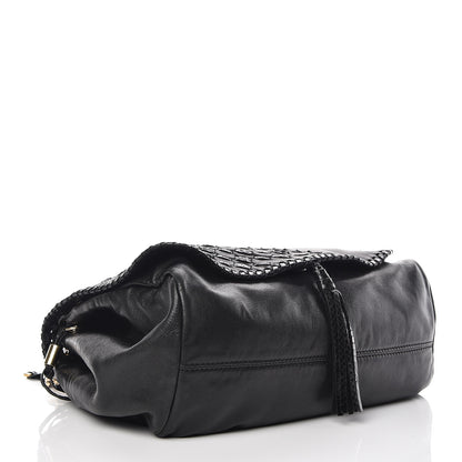 Jimmy Choo Lambskin Snakeskin Woven Flap Hobo Black 4 of 12