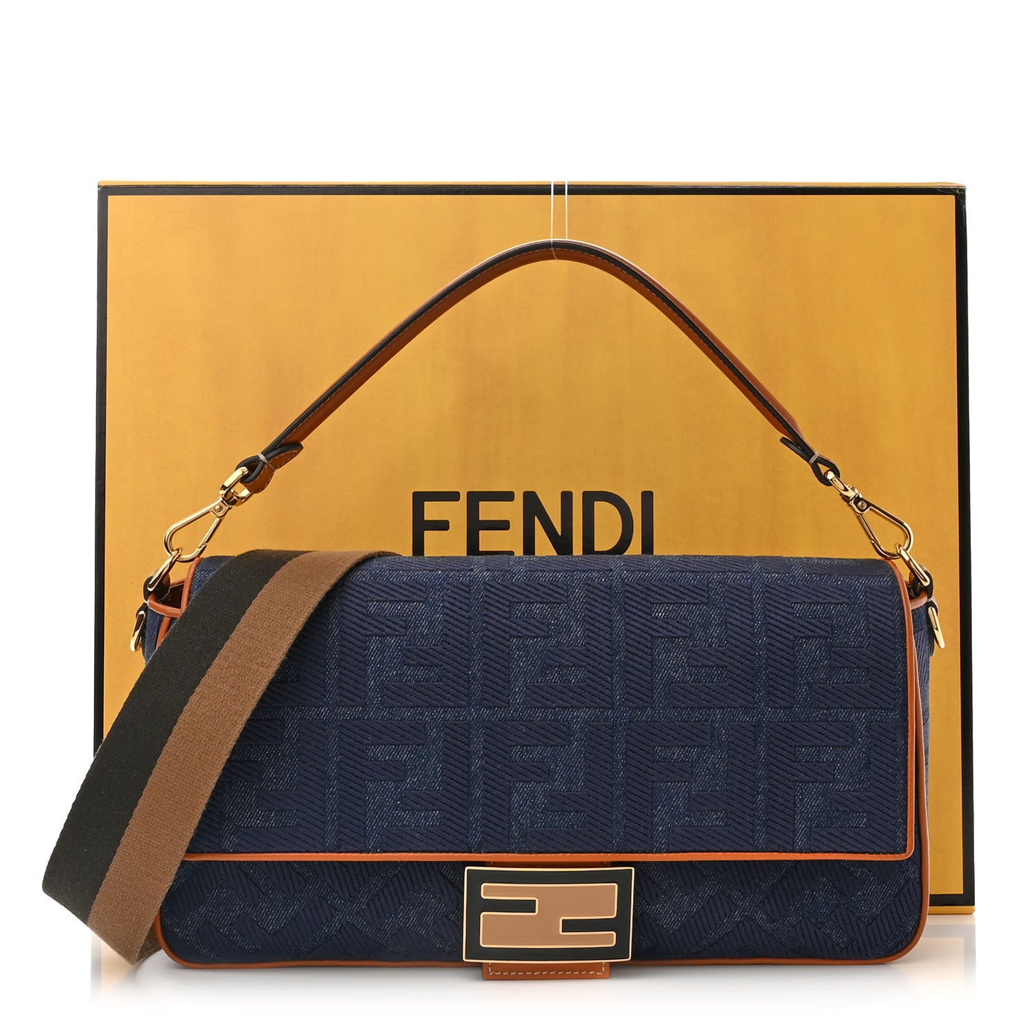 Denim Vitello King FF Embroidered Large Baguette Blue Cuoio