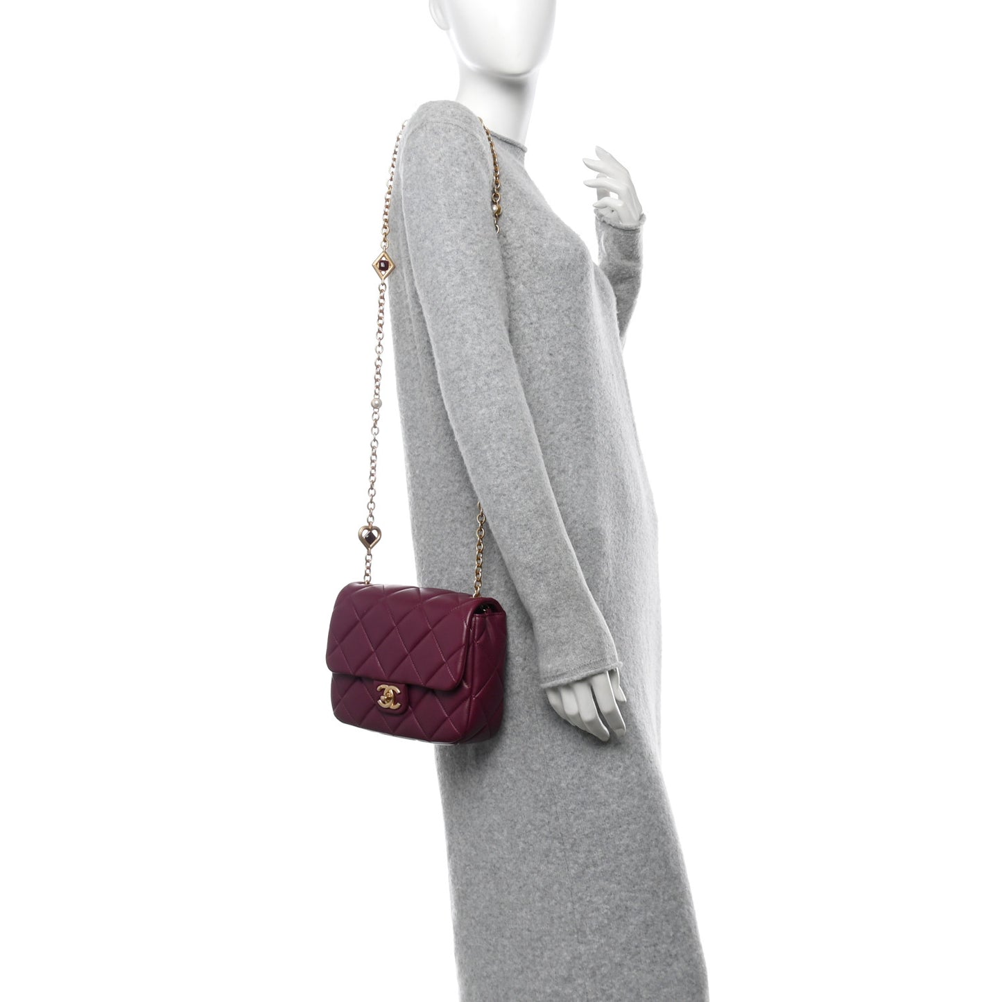 Lambskin Enamel Pearl Quilted Mini Charm Me Square Flap Dark Purple