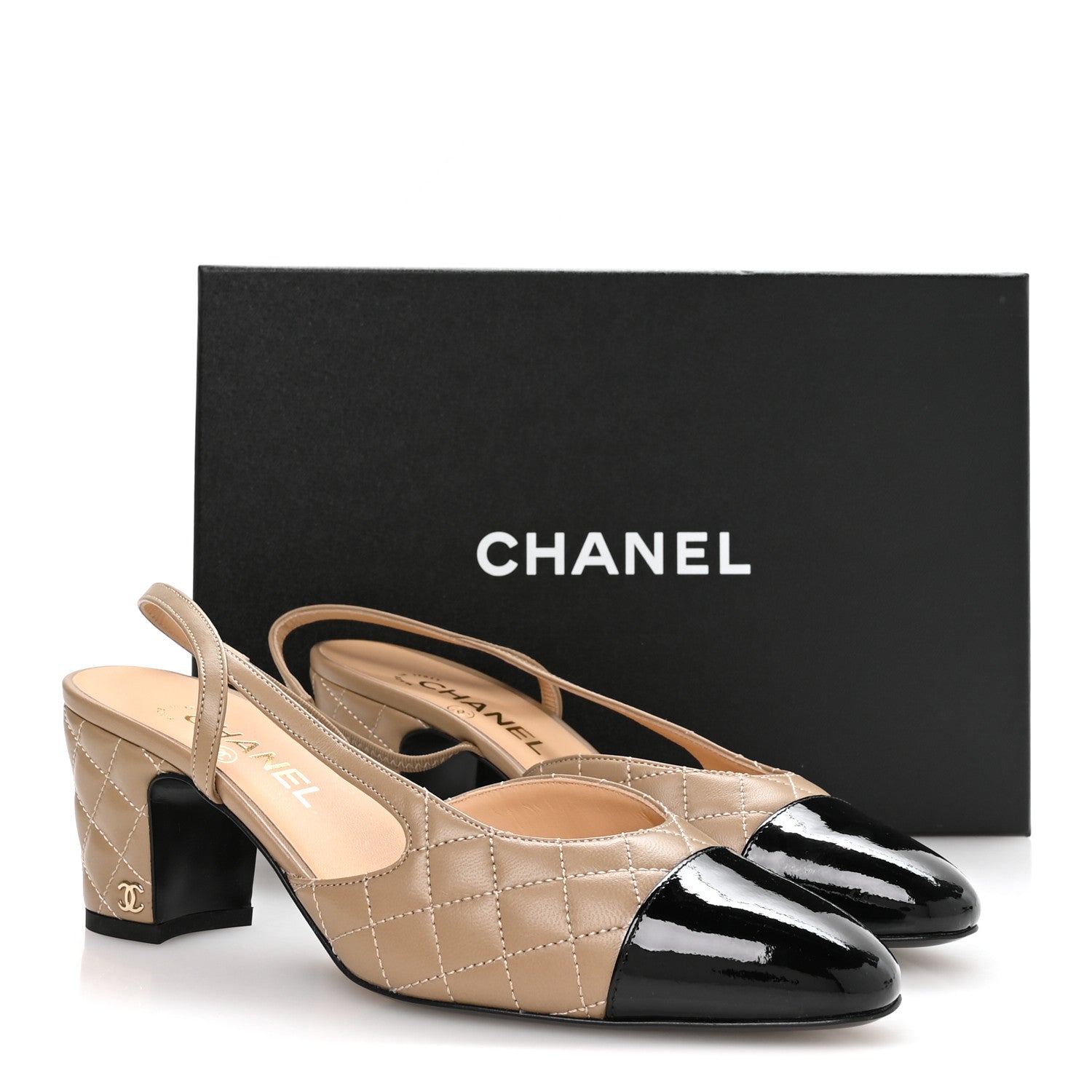 Chanel Lambskin Patent Calfskin Quilted Cap Toe CC Slingback Pumps