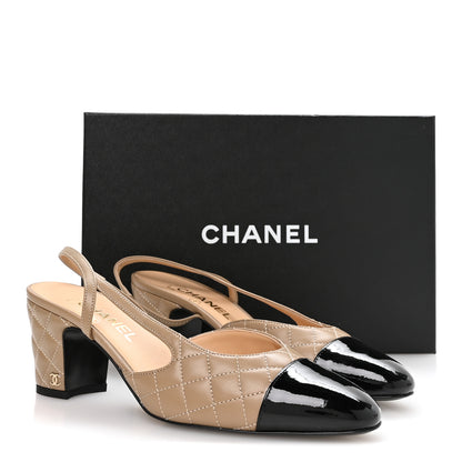 Chanel Lambskin Patent Calfskin Quilted Cap Toe CC Slingback Pumps 39.5 Beige Black 9 of 9