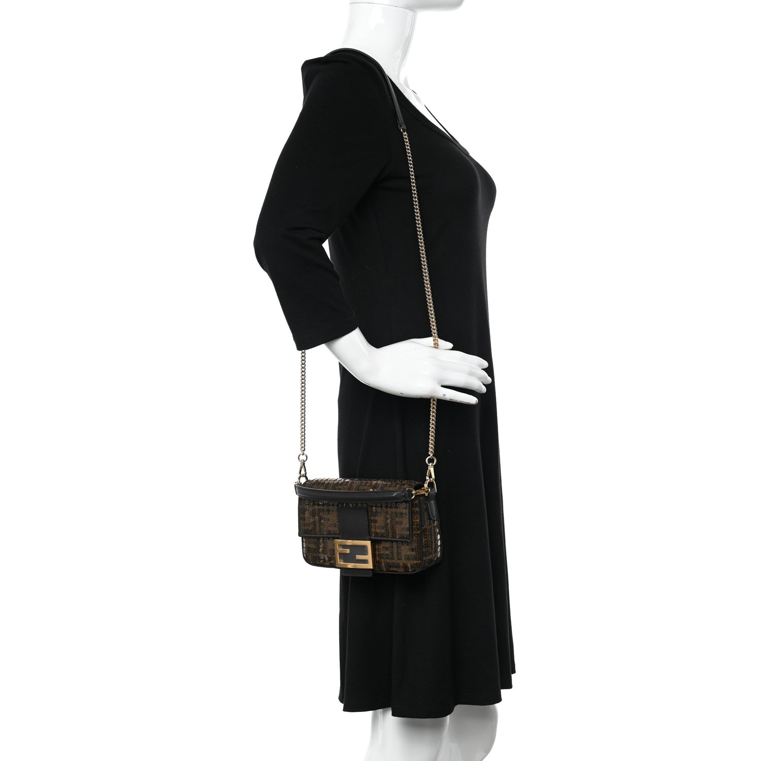 Fendi Fabric Jacquard Paillettes Vitello Seta FF 1974 Mini Baguette Testa di Moro Real Ebano 2 of 10