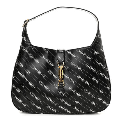 Gucci X BALENCIAGA Calfskin Logo Print Medium Jackie 1961 Hobo Black 1 of 10