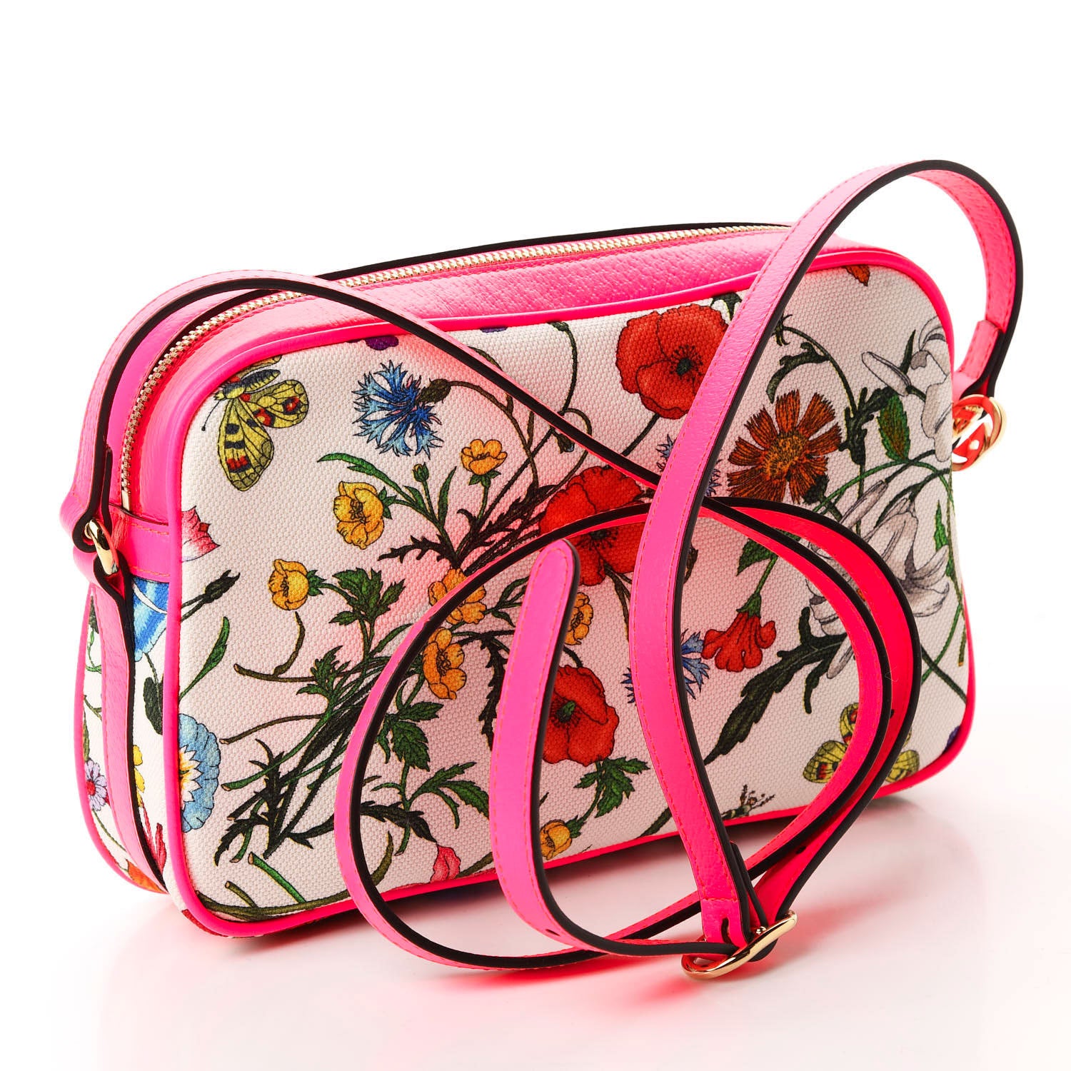 Gucci Canvas Flora Floral Shoulder Bag White Fuchsia Fluo 3 of 10
