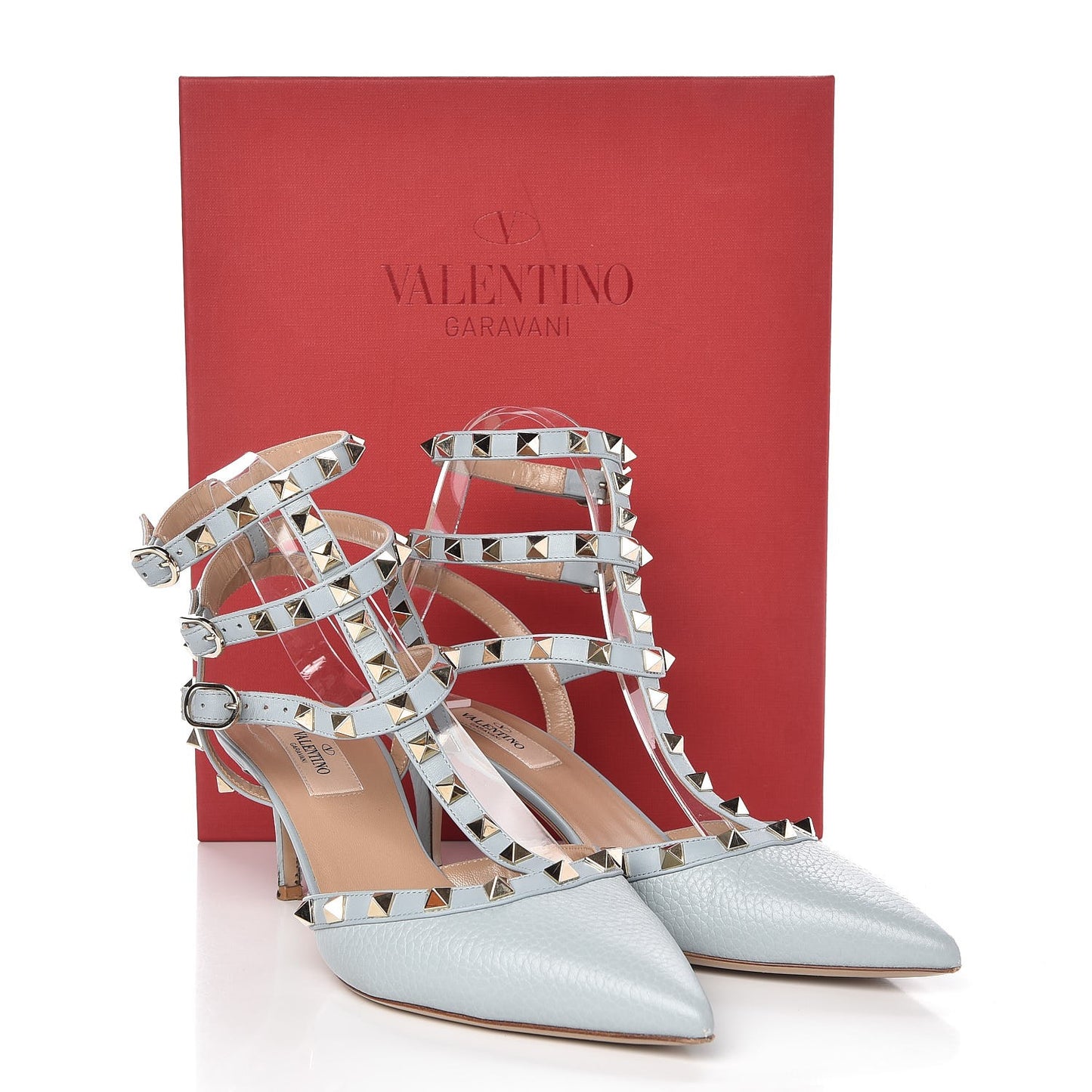 Pebbled Calfskin Rockstud Ankle Strap 65mm Pumps 38.5 Sky Sorbet