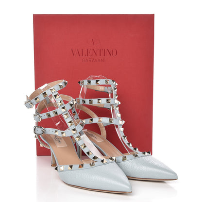 Valentino Garavani Pebbled Calfskin Rockstud Ankle Strap 65mm Pumps 38.5 Sky Sorbet 16 of 16