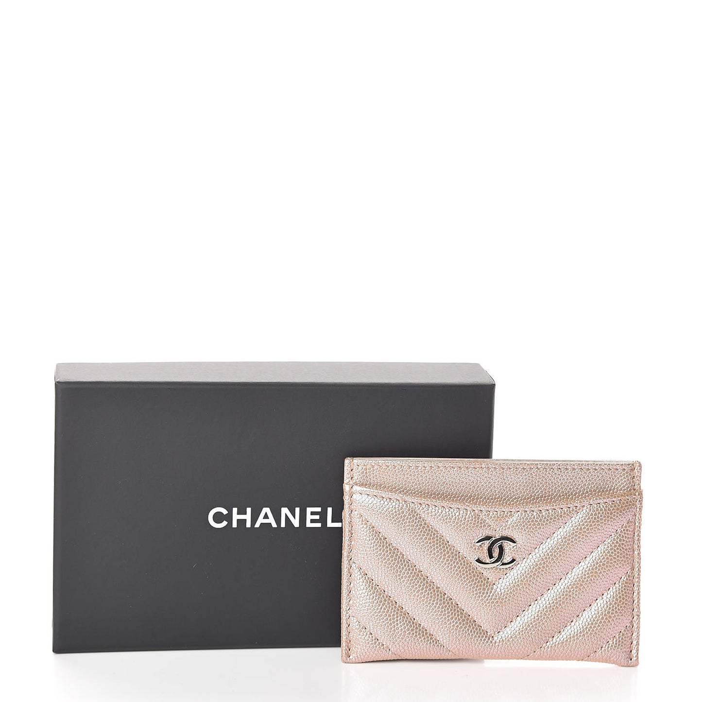 Metallic Caviar Chevron Quilted Card Holder Light Gold