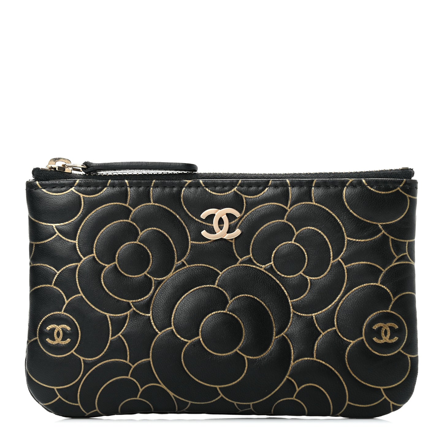 Lambskin Camellia Embossed Small Cosmetic Case Black Gold