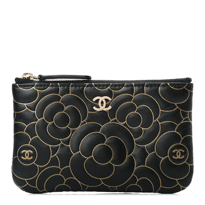 Chanel Lambskin Camellia Embossed Small Cosmetic Case Black Gold 1 of 7