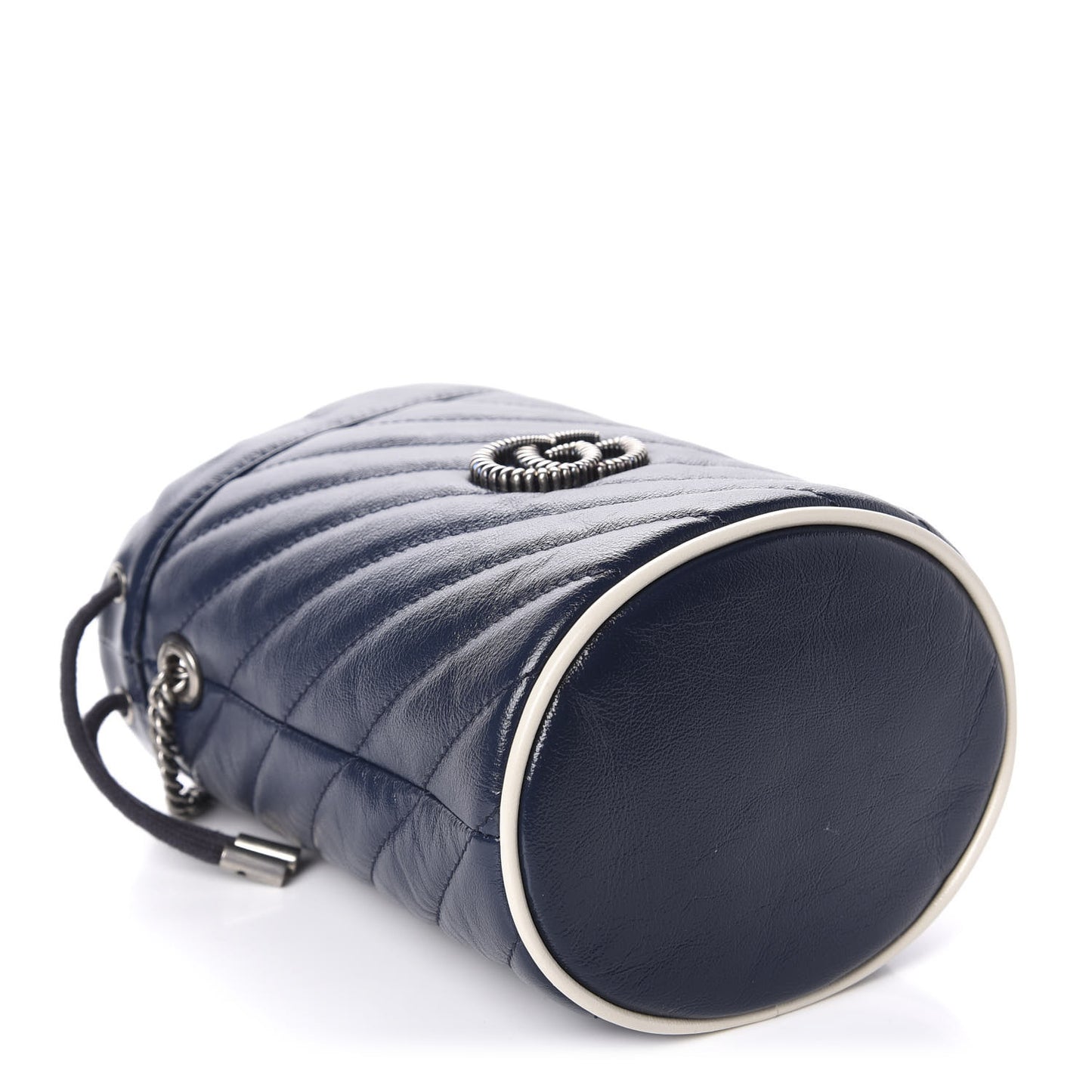 Vintage Effect Calfskin Matelasse Diagonal Mini Torchon GG Marmont 2.0 Bucket Bag Blue Agata Mystic White