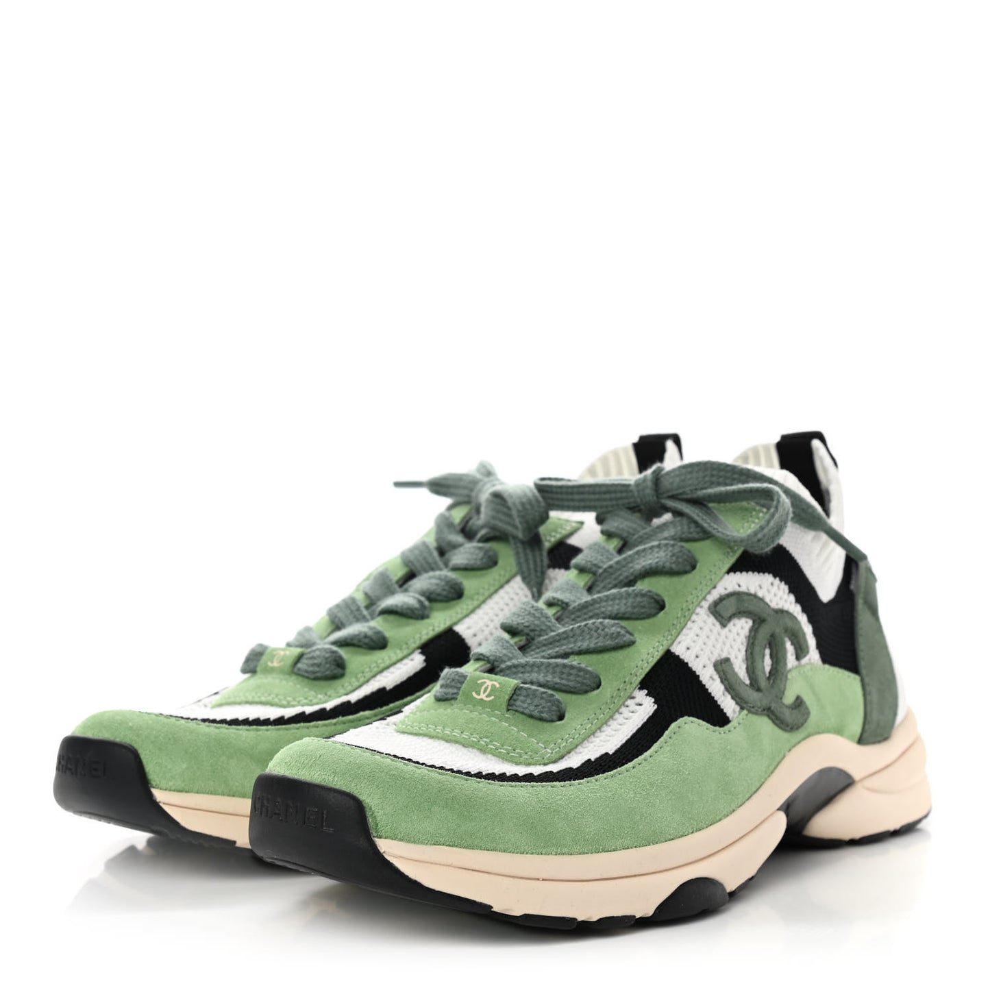 Knit Suede Fabric Womens CC Sneakers 41 Green Dark Green White Black
