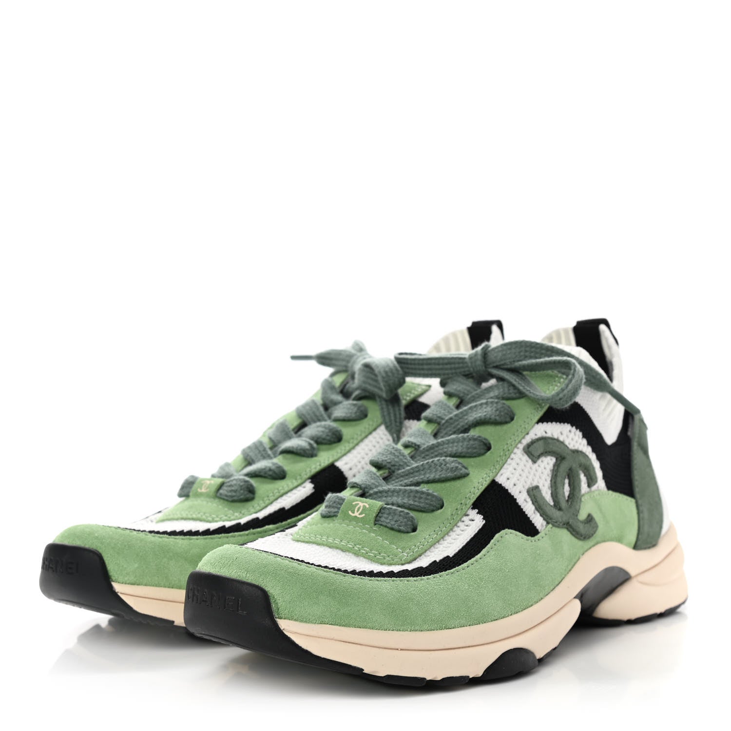 Chanel Knit Suede Fabric Womens CC Sneakers 41 Green Dark Green White Black 3 of 9