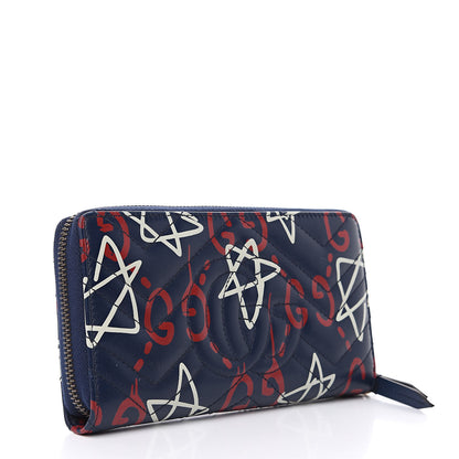 Gucci Calfskin Matelasse GucciGhost GG Marmont Zip Around Wallet Blue Agata Hibiscus Red 3 of 11