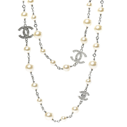 Chanel Crystal Pearl CC Long Necklace Silver 1 of 4