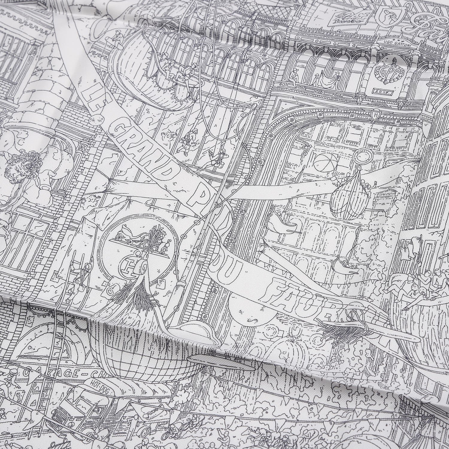 Hermes Silk Le Grand Prix Au Faubourg Scarf 90 Blanc Noir Gris 3 of 6