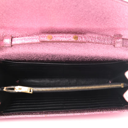 Saint Laurent Metallic Crackled Calfskin Matelasse Chevron Monogram Chain Wallet Light Pink 4 of 5