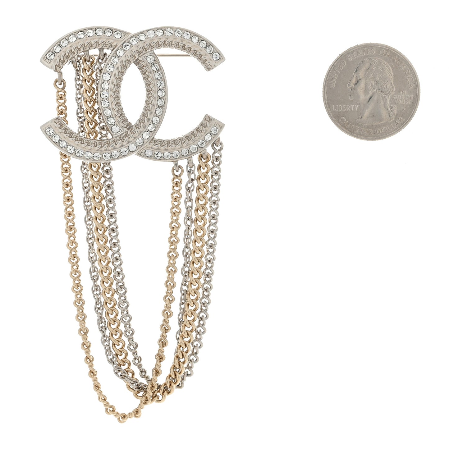 Crystal Multi Strand Chain CC Brooch Silver Gold