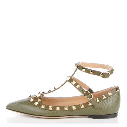 Valentino Garavani Pebbled Calfskin Rockstud Cage Ballerina Flats 36 Army Green 1 of 9