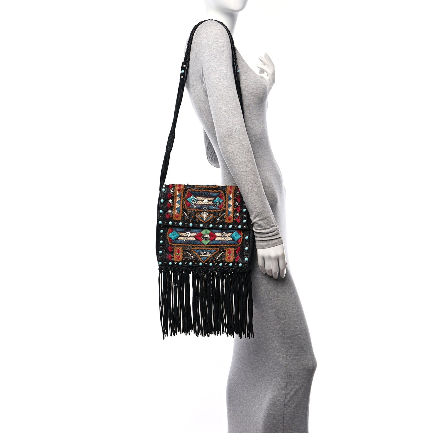 Pebbled Calfskin Embroidered Rockstud Rolling Fringe Messenger Black