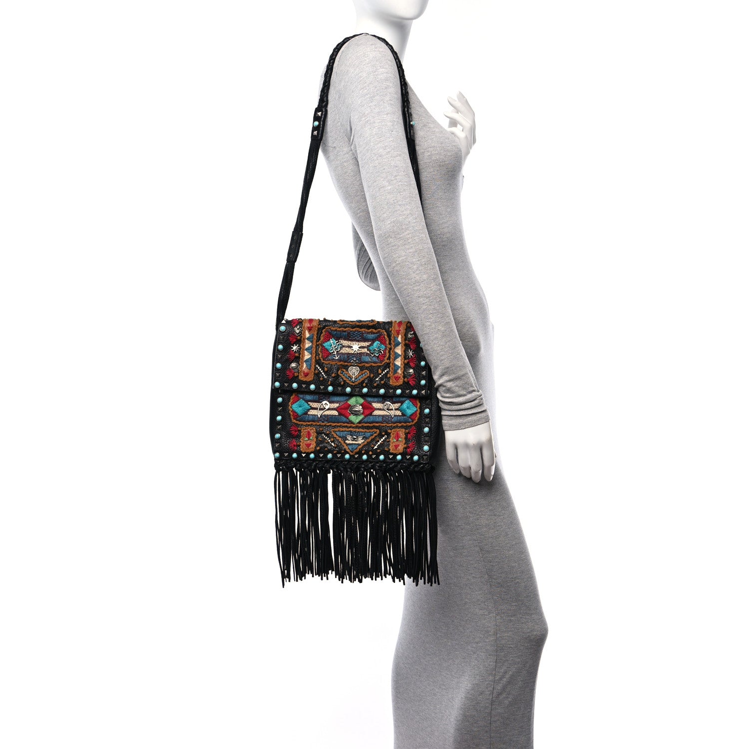 Valentino Garavani Pebbled Calfskin Embroidered Rockstud Rolling Fringe Messenger Black 2 of 10