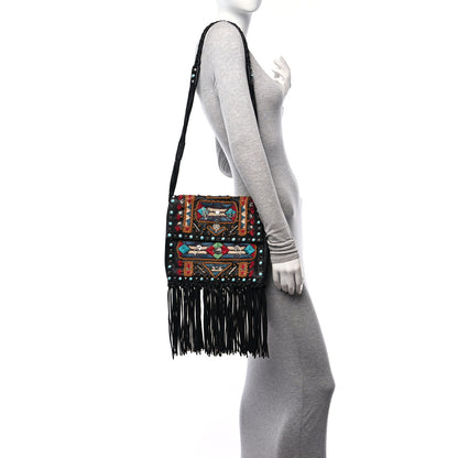 Valentino Garavani Pebbled Calfskin Embroidered Rockstud Rolling Fringe Messenger Black 2 of 10