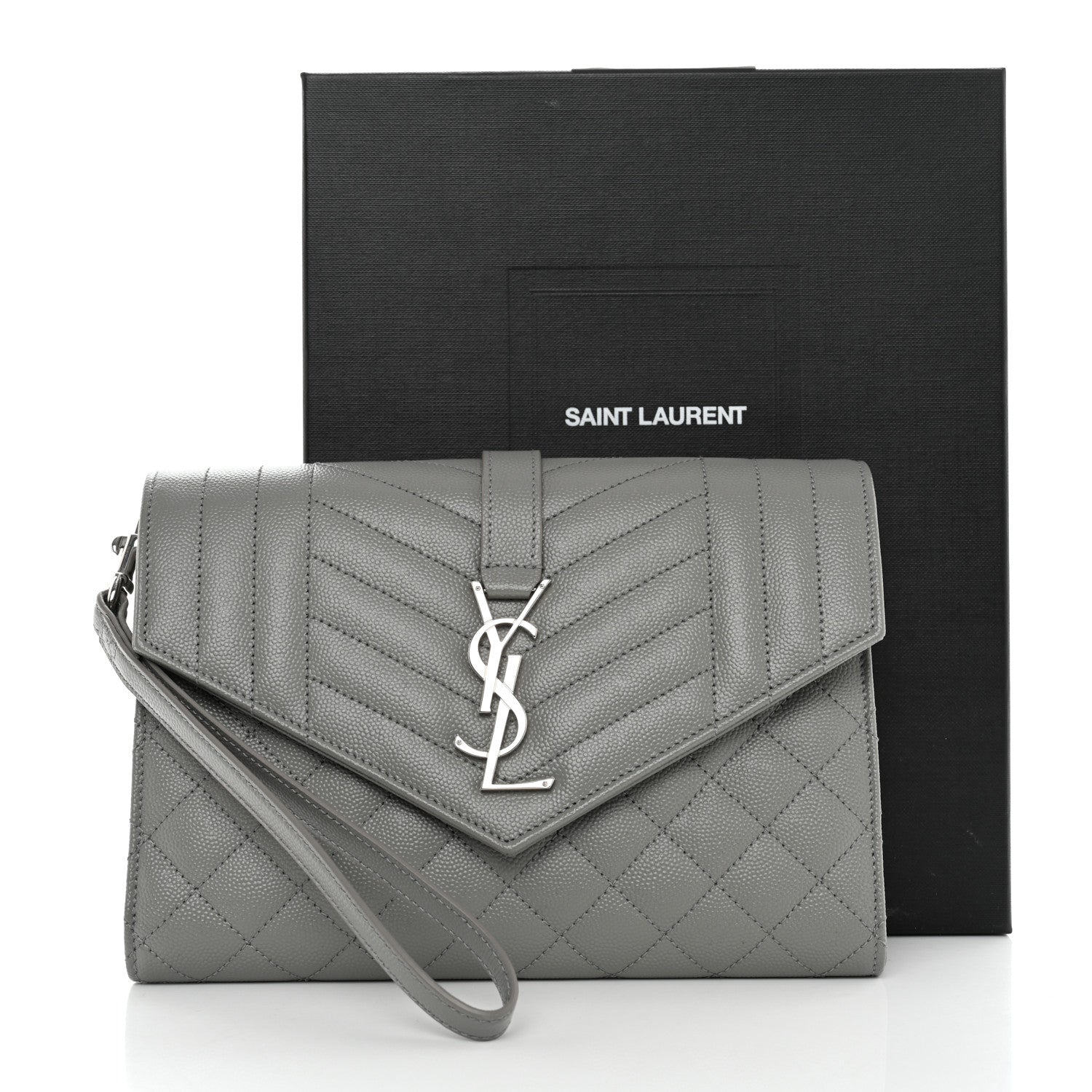 Saint Laurent Grain De Poudre Textured Mixed Matelasse Triquilt Monogram Clutch Storm 8 of 8