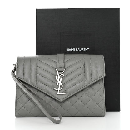 Saint Laurent Grain De Poudre Textured Mixed Matelasse Triquilt Monogram Clutch Storm 8 of 8