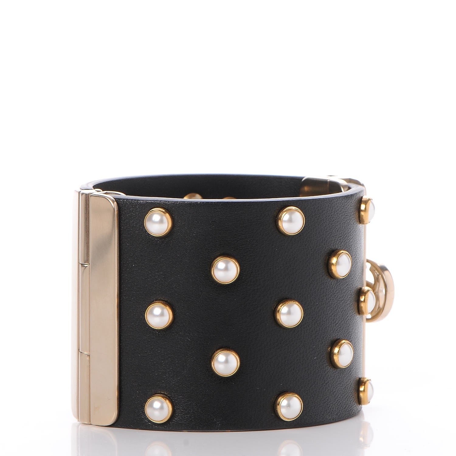 Chanel Lambskin Calfskin Pearl CC Cuff Bracelet Black Gold 3 of 7
