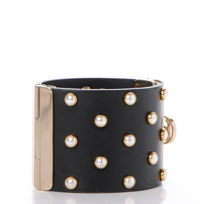 Chanel Lambskin Calfskin Pearl CC Cuff Bracelet Black Gold 3 of 7