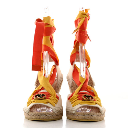 Gucci Canvas Ankle Wrap Interlocking G Platform 35/120mm Espadrille Wedges 36 Orange Yellow 2 of 9
