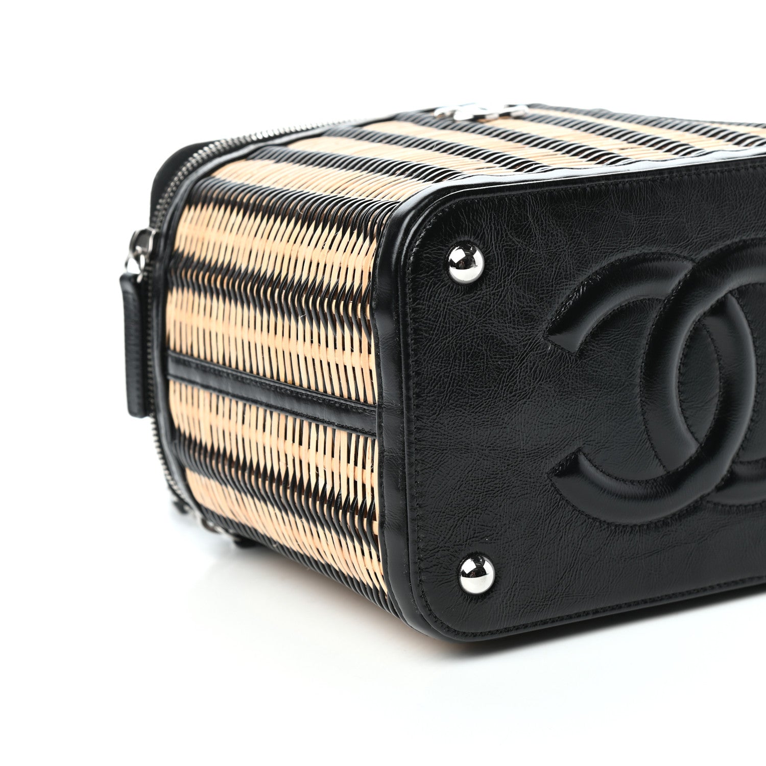 Chanel Glazed Calfskin Raffia Vanity Case Bag Black Beige 8 of 9