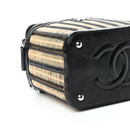 Chanel Glazed Calfskin Raffia Vanity Case Bag Black Beige 8 of 9