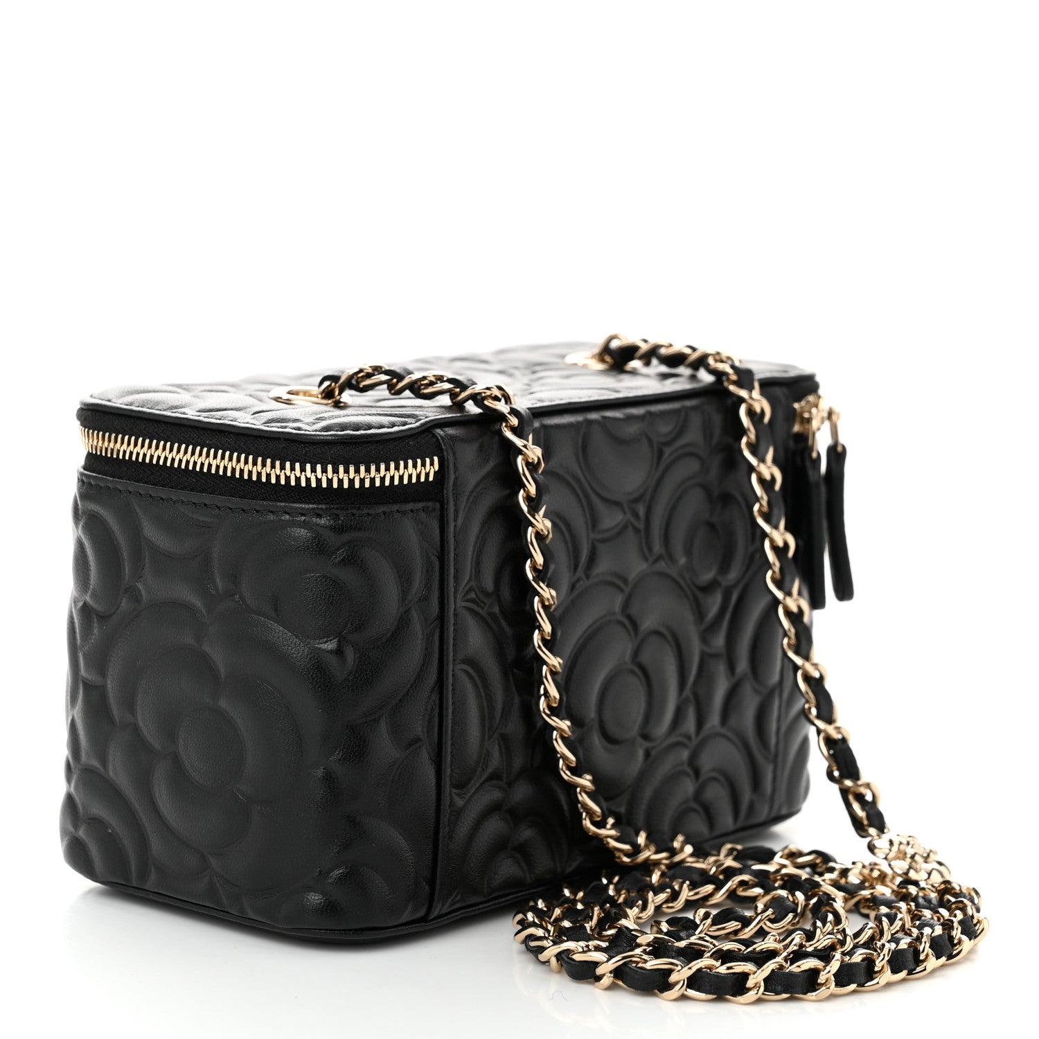 Chanel Lambskin Camellia Embossed Small Vanity Case With Chain Black 3 of 10
