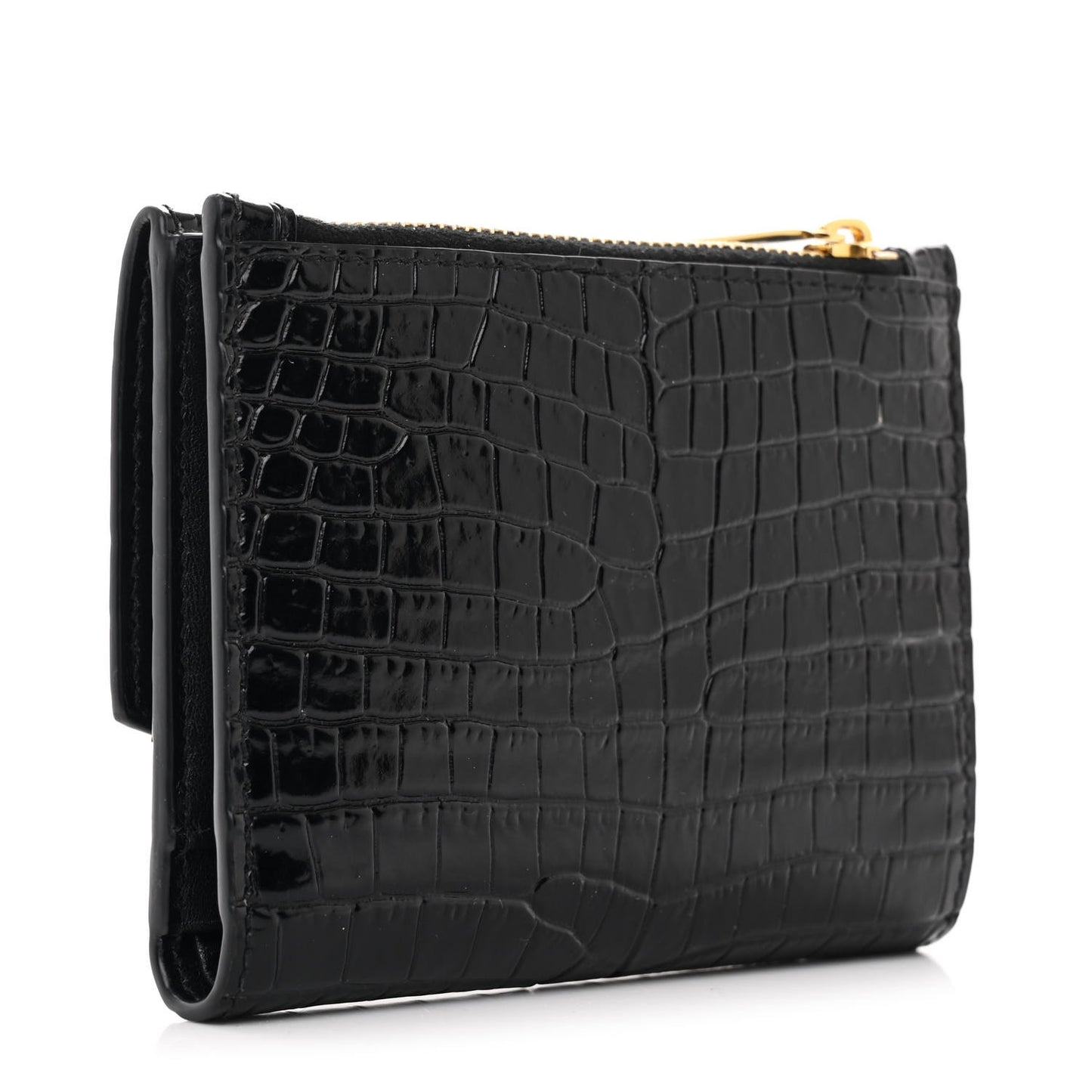 Shiny Calfskin Crocodile Embossed Monogram Uptown Compact Wallet Black