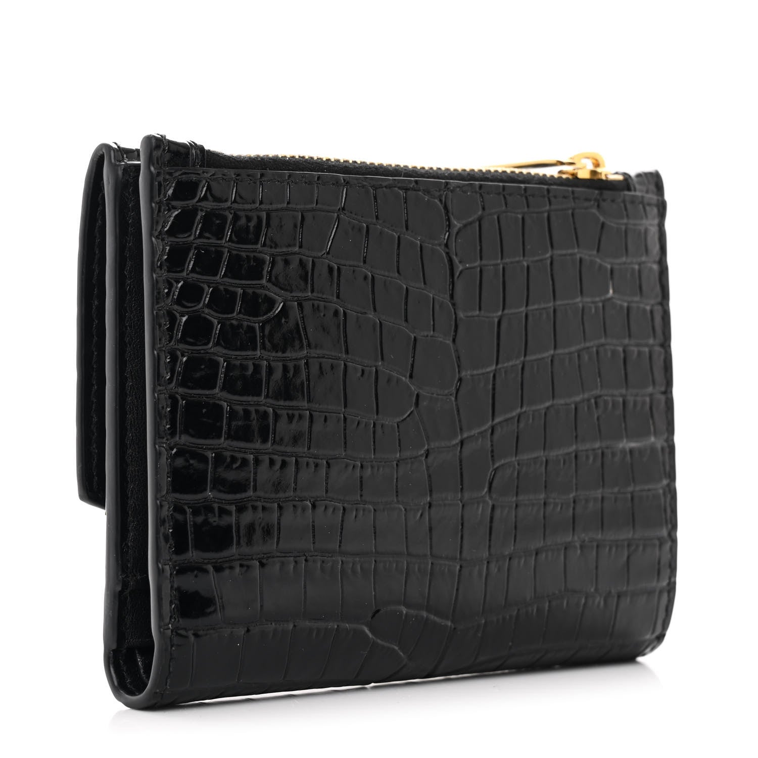 Saint Laurent Shiny Calfskin Crocodile Embossed Monogram Uptown Compact Wallet Black 3 of 7