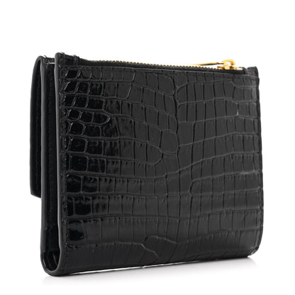 Saint Laurent Shiny Calfskin Crocodile Embossed Monogram Uptown Compact Wallet Black 3 of 7
